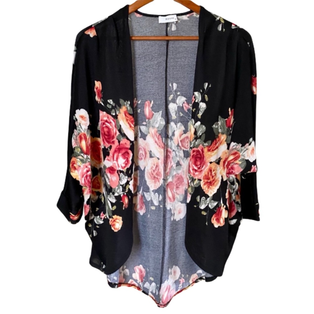 Floral Print Knit Mid Length Tunic Style Cardigan
